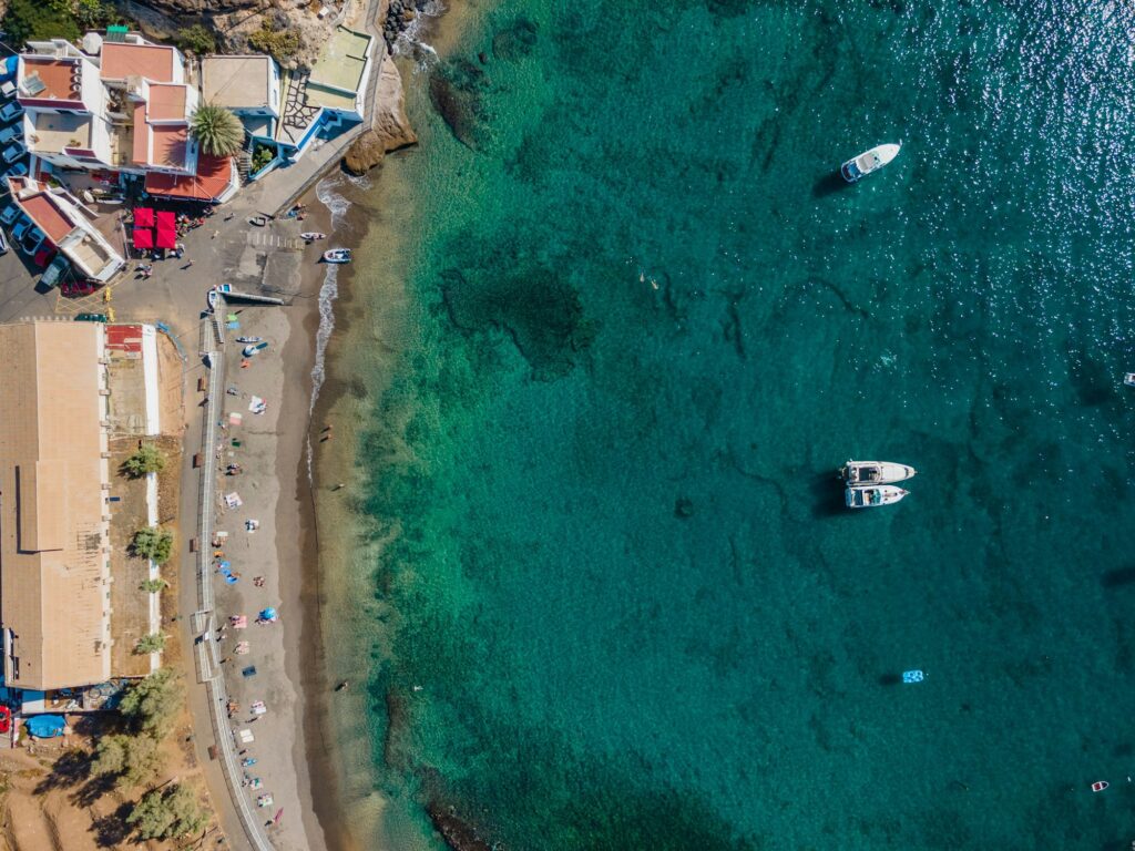 Aerial view of the Puertito de Adeje beach on the south coast of the island of Tenerife.